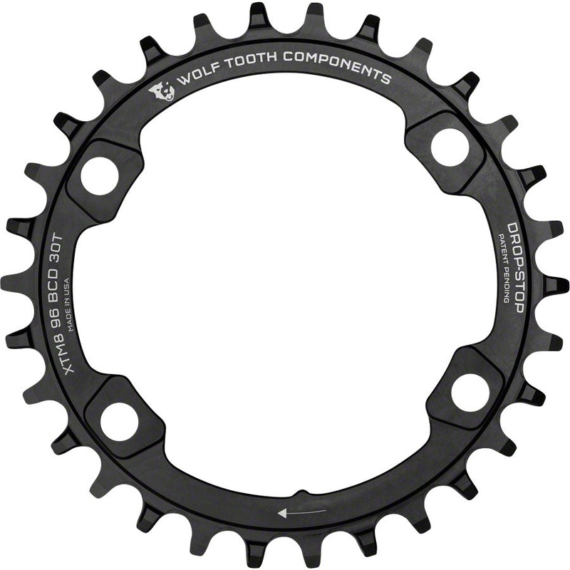 Wolf Tooth 96 BCD Chainring – 38t 96 Asymmetric BCD 4-Bolt Drop-Stop For Shimano XT M8000 SLX M7000 Cranks BLK