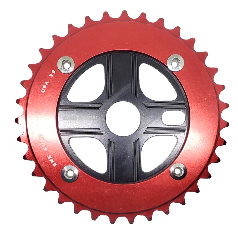 BMXGuru 35T Aluminum Spider & 4-bolt Chainring Combo – Red over Black – USA Made