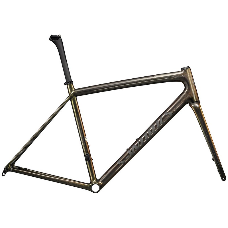Specialized aethos S-Works frmset gloss carbon + magenta-gold edge fade + all over gold pearl 25% / satin metallic obsidian 56