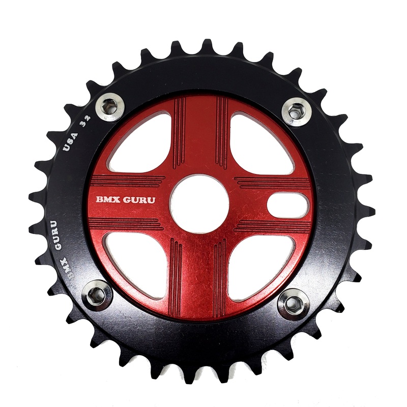 BMXGuru 32T Aluminum Spider & 4-bolt Chainring Combo – Black over Red – USA Made