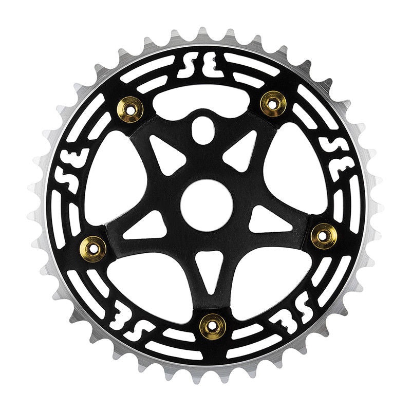 SE Racing BMX 39T Aluminum Spider & 5-bolt Chainring Combo – Black over Black w/ Gold bolts
