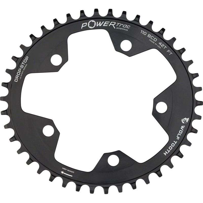 Wolf Tooth Elliptical 110 BCD Chainring – 42t 110 BCD 5-Bolt Drop-Stop 10/11/12-Speed Eagle and Flattop Compatible Black