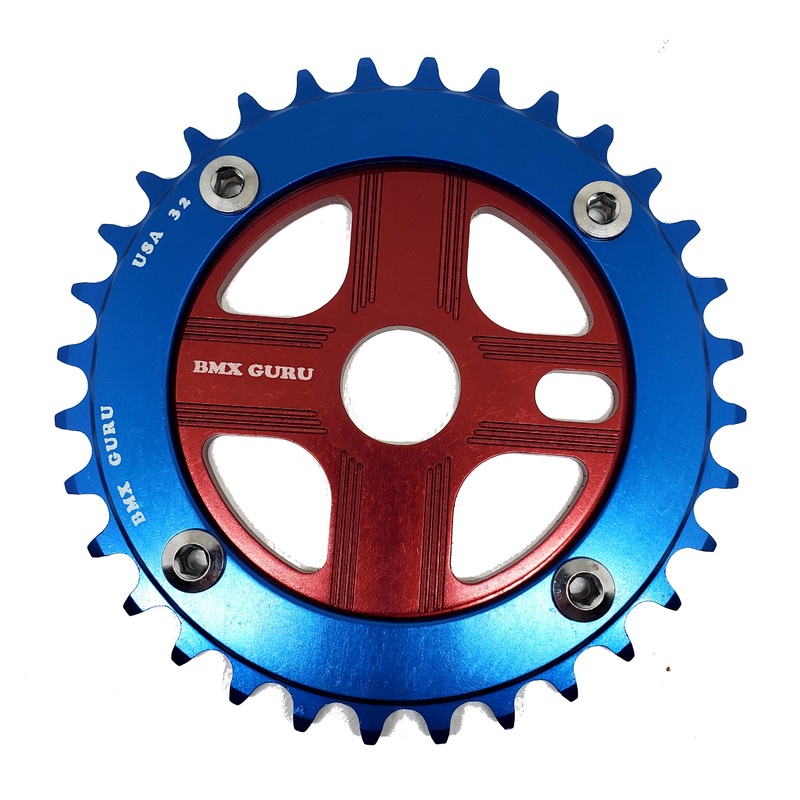 BMXGuru 32T Aluminum Spider & 4-bolt Chainring Combo – Blue over Red – USA Made