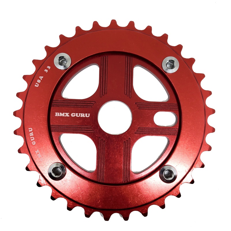 BMXGuru 33T Aluminum Spider & 4-bolt Chainring Combo – Red over Red – USA Made