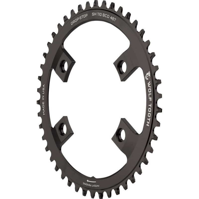 Wolf Tooth Shimano 110 Asymmetric BCD Chainring – 46t, 110 Asymmetric BCD, 4-Bolt, Drop-Stop, For Shimano Cranks, Black
