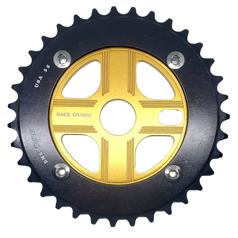 BMXGuru 35T Aluminum Spider & 4-bolt Chainring Combo – Black over Gold – USA Made