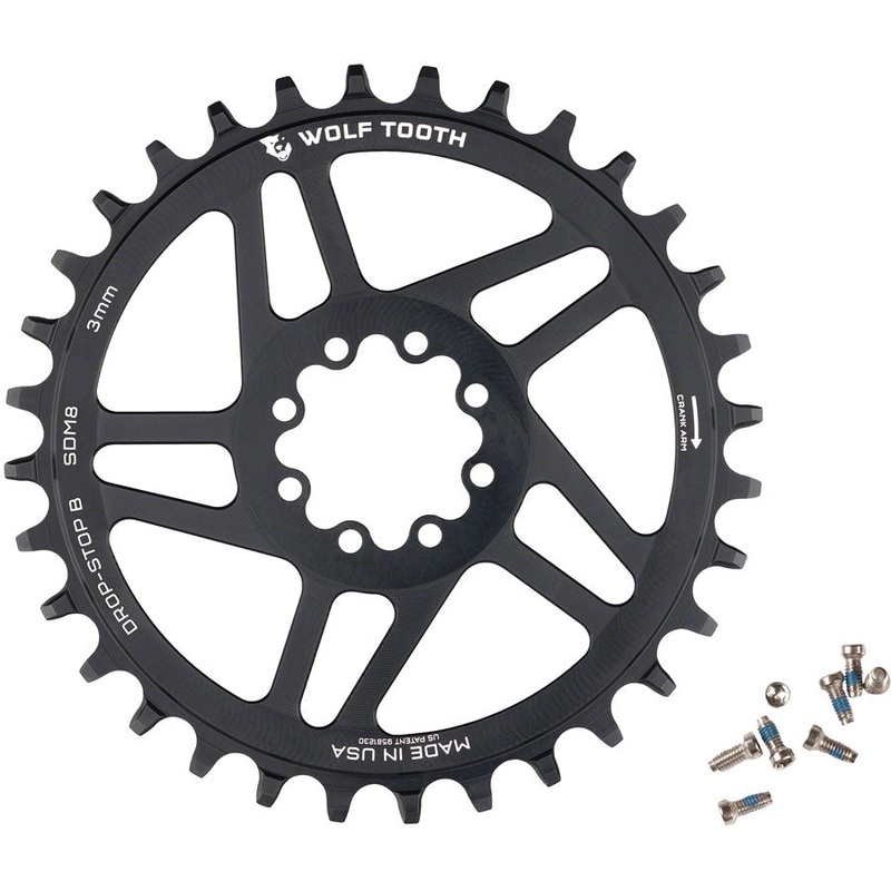 Wolf Tooth Direct Mount Chainring – 34t, SRAM Direct Mount, Drop-Stop B, For SRAM 8-Bolt Cranksets, 3mm Offset, Black